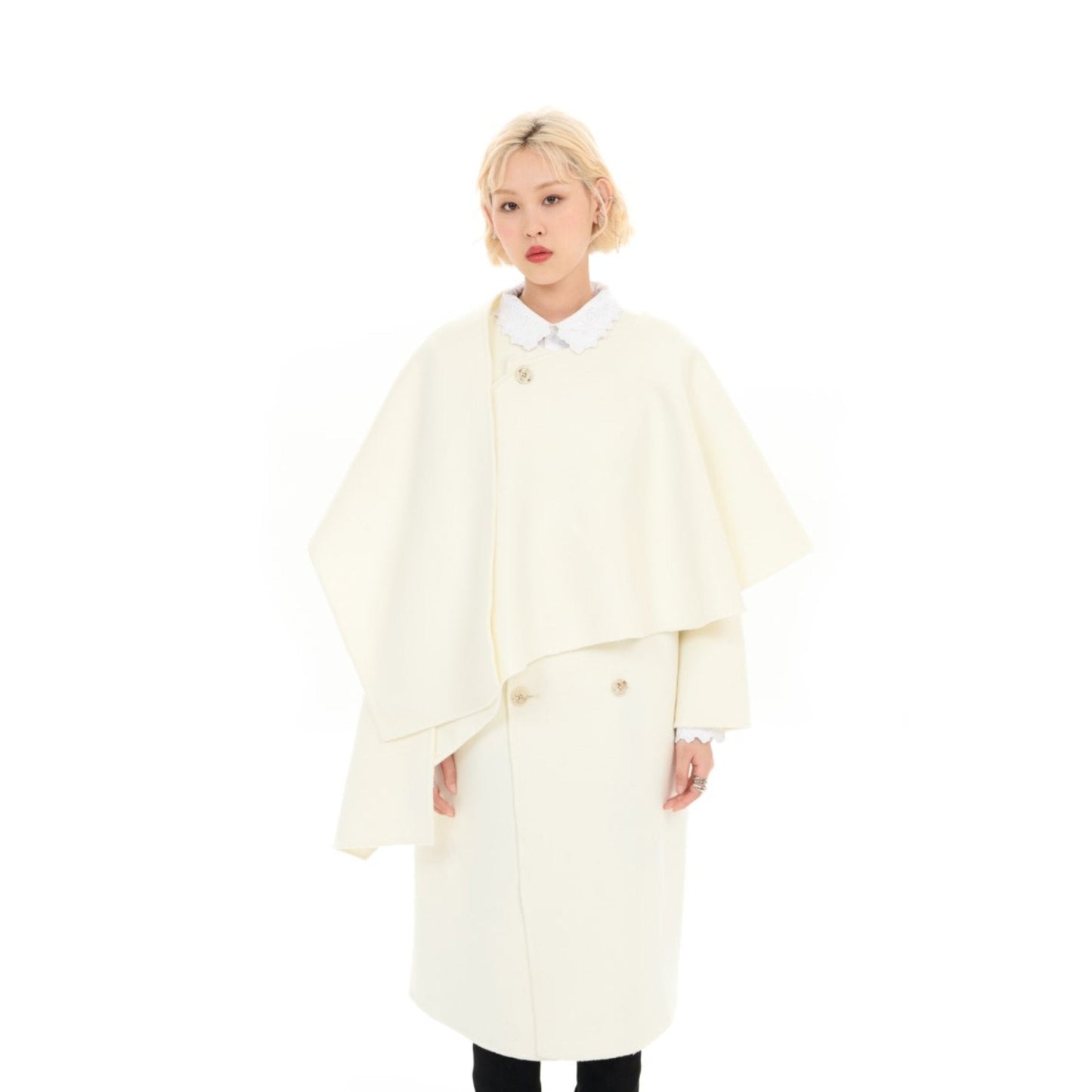 Women Scarf Collar Double Face Coat - White