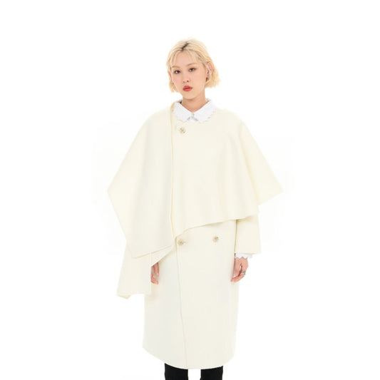 Women Scarf Collar Double Face Coat - White