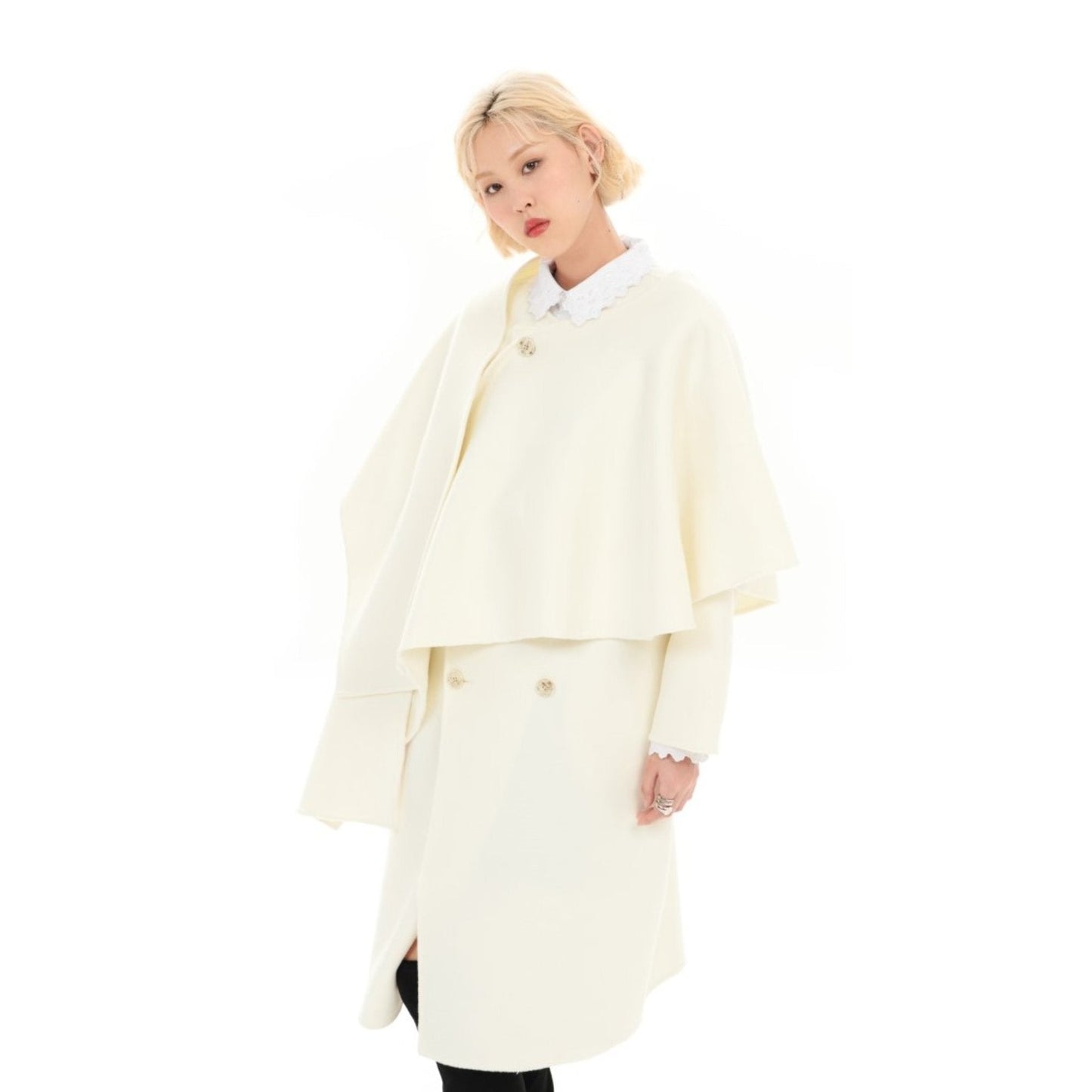 Women Scarf Collar Double Face Coat - White