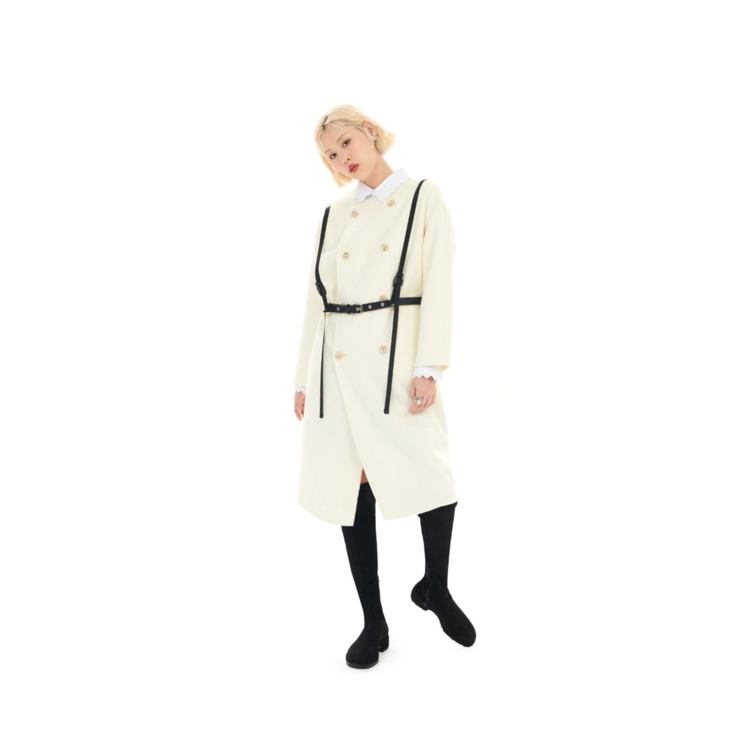 Women Scarf Collar Double Face Coat - White