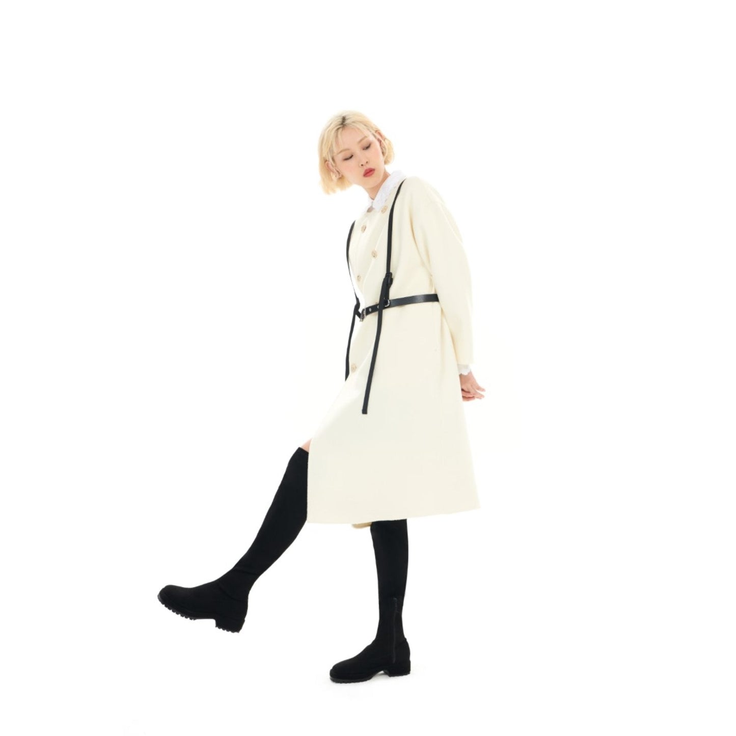 Women Scarf Collar Double Face Coat - White