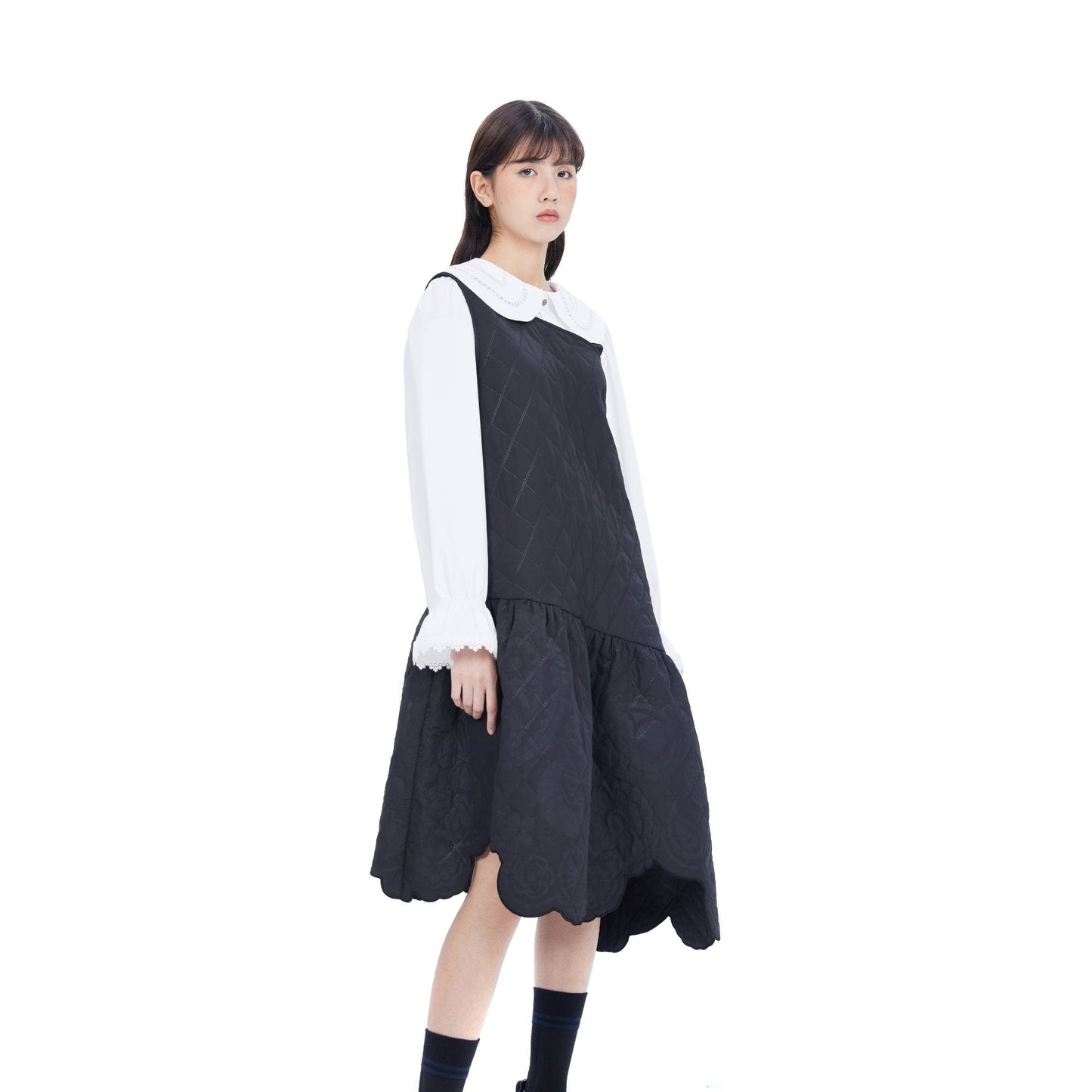 Women Lacework Quilt Pattern Dress - Black