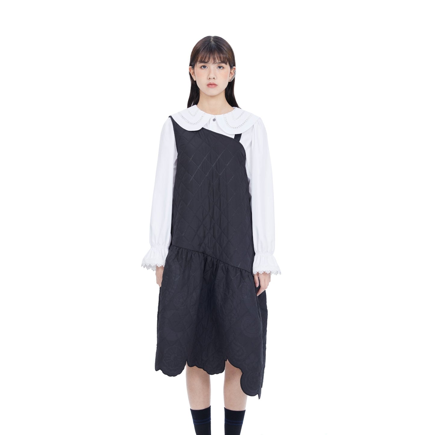 Women Lacework Quilt Pattern Dress - Black