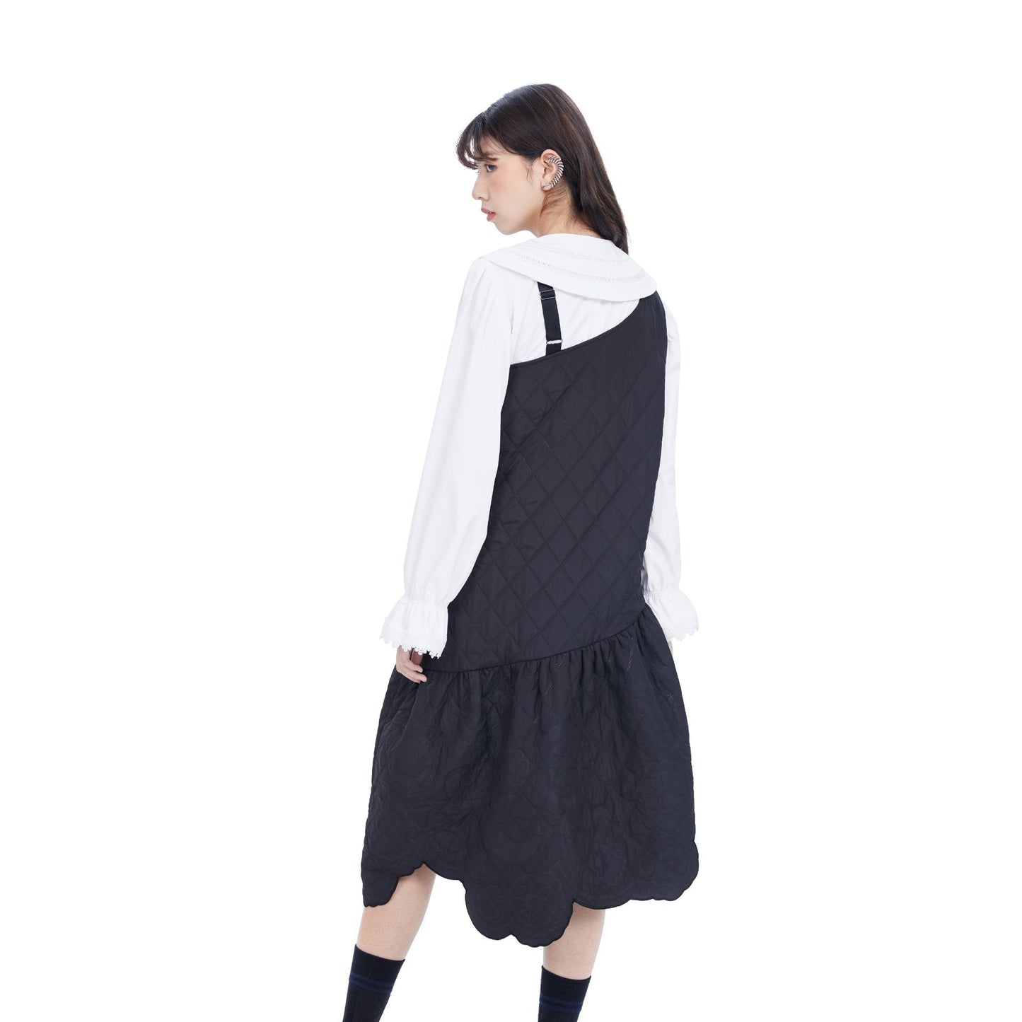 Women Lacework Quilt Pattern Dress - Black