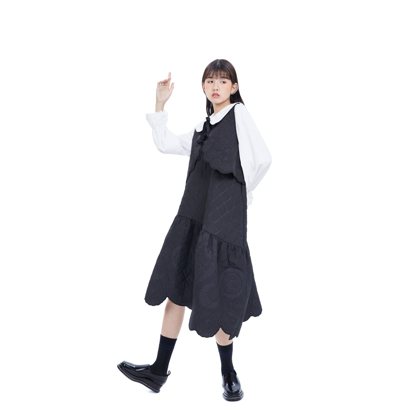 Women Lacework Quilt Pattern Dress - Black