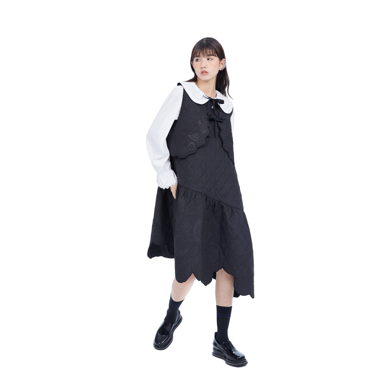 Women Lacework Quilt Pattern Dress - Black