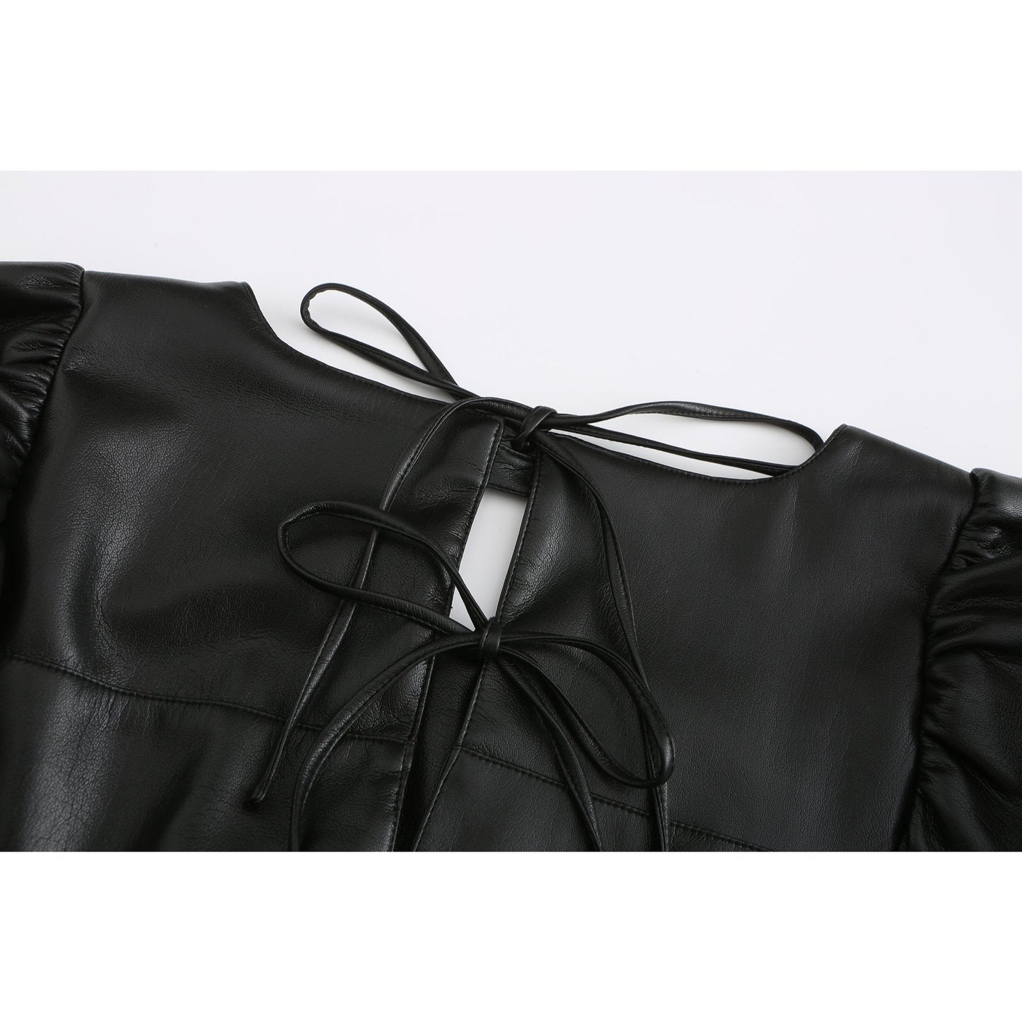 Women Embroidered Collar Faux Leather Dress - Black