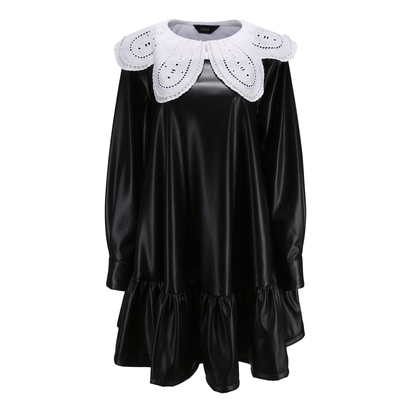 Women Embroidered Collar Faux Leather Dress - Black