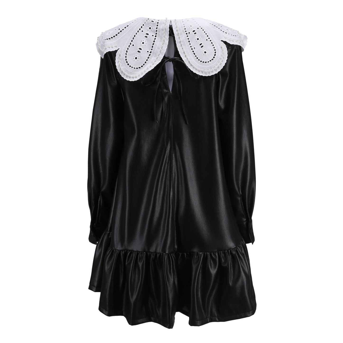 Women Embroidered Collar Faux Leather Dress - Black