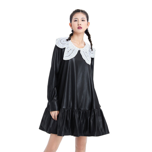 Women Embroidered Collar Faux Leather Dress - Black