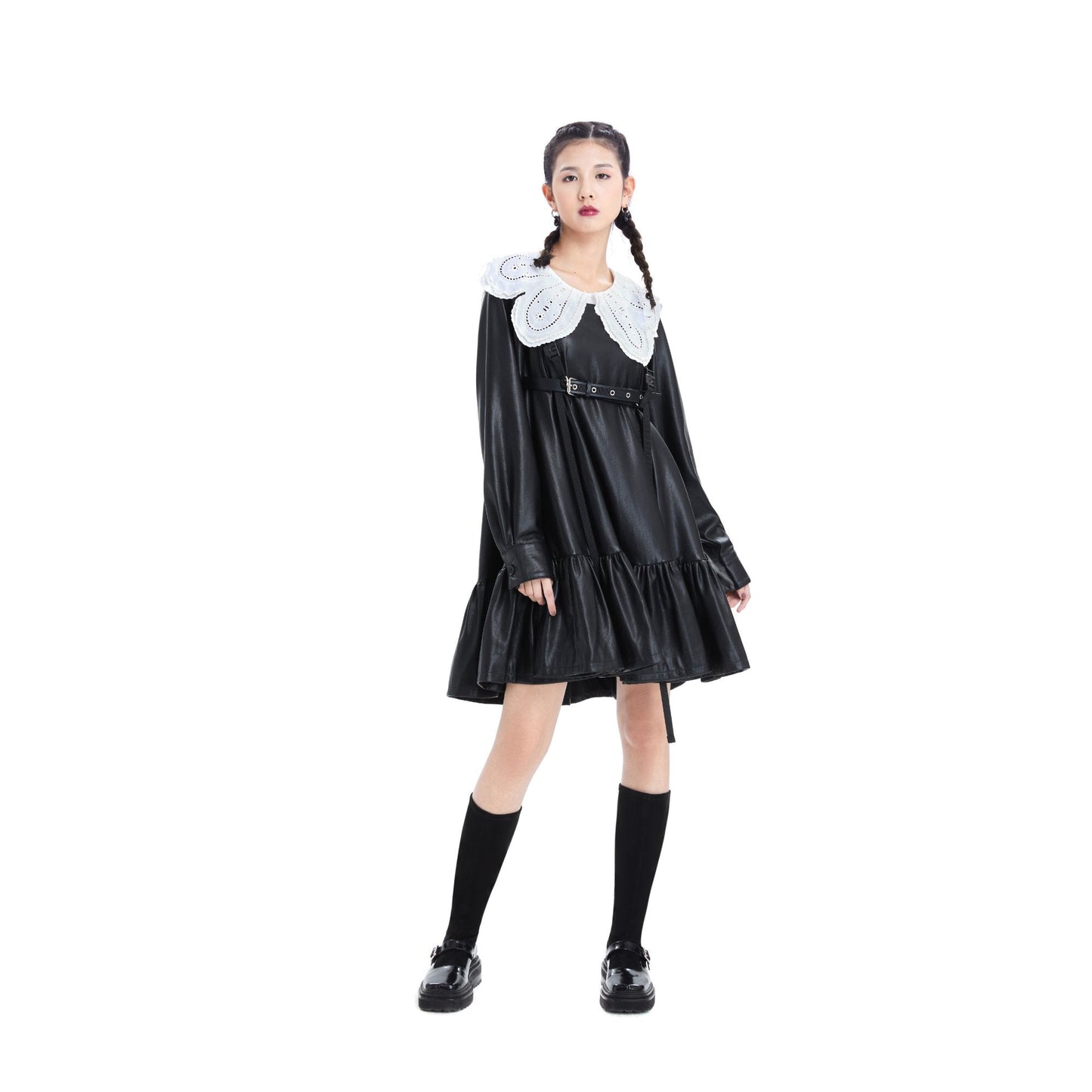 Women Embroidered Collar Faux Leather Dress - Black