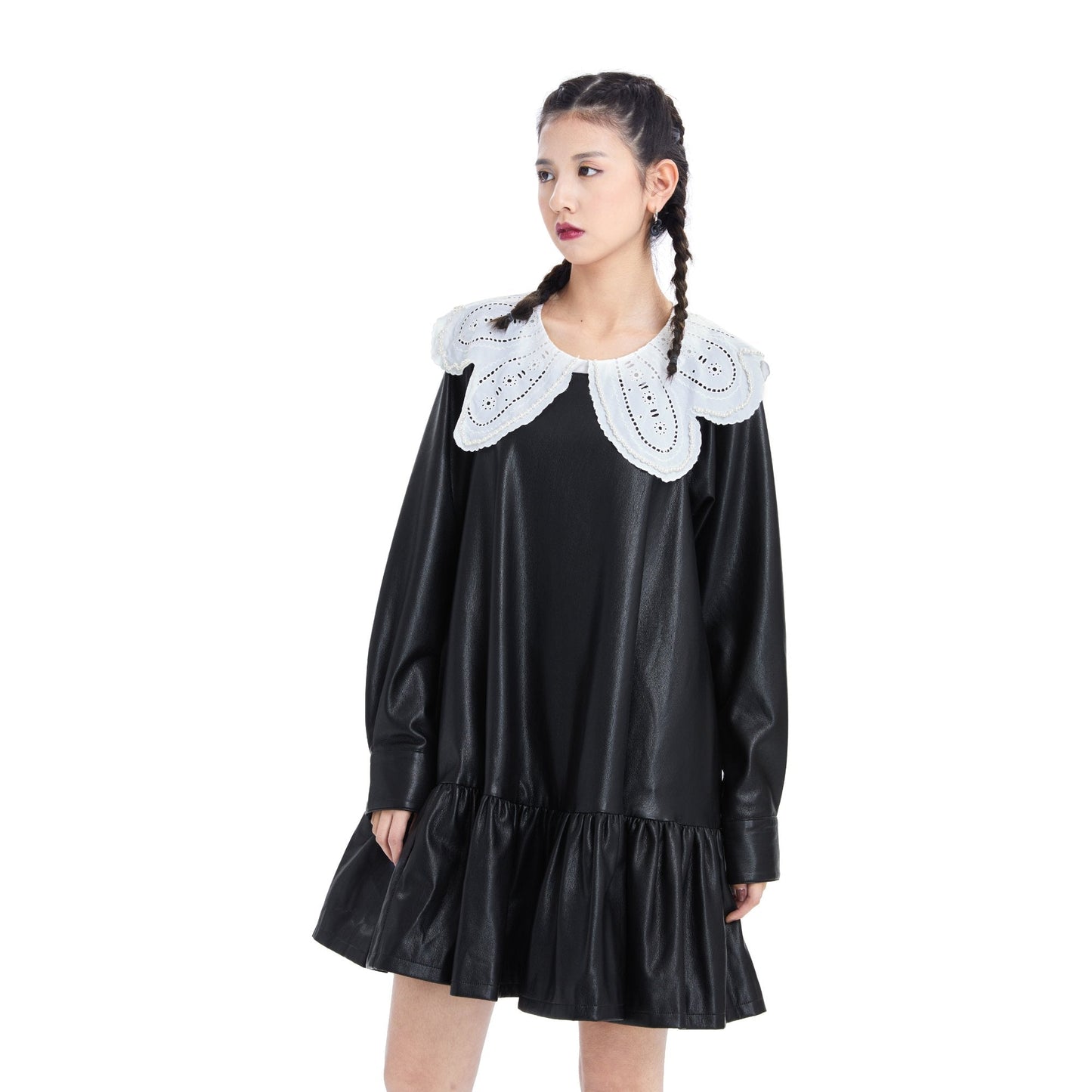 Women Embroidered Collar Faux Leather Dress - Black