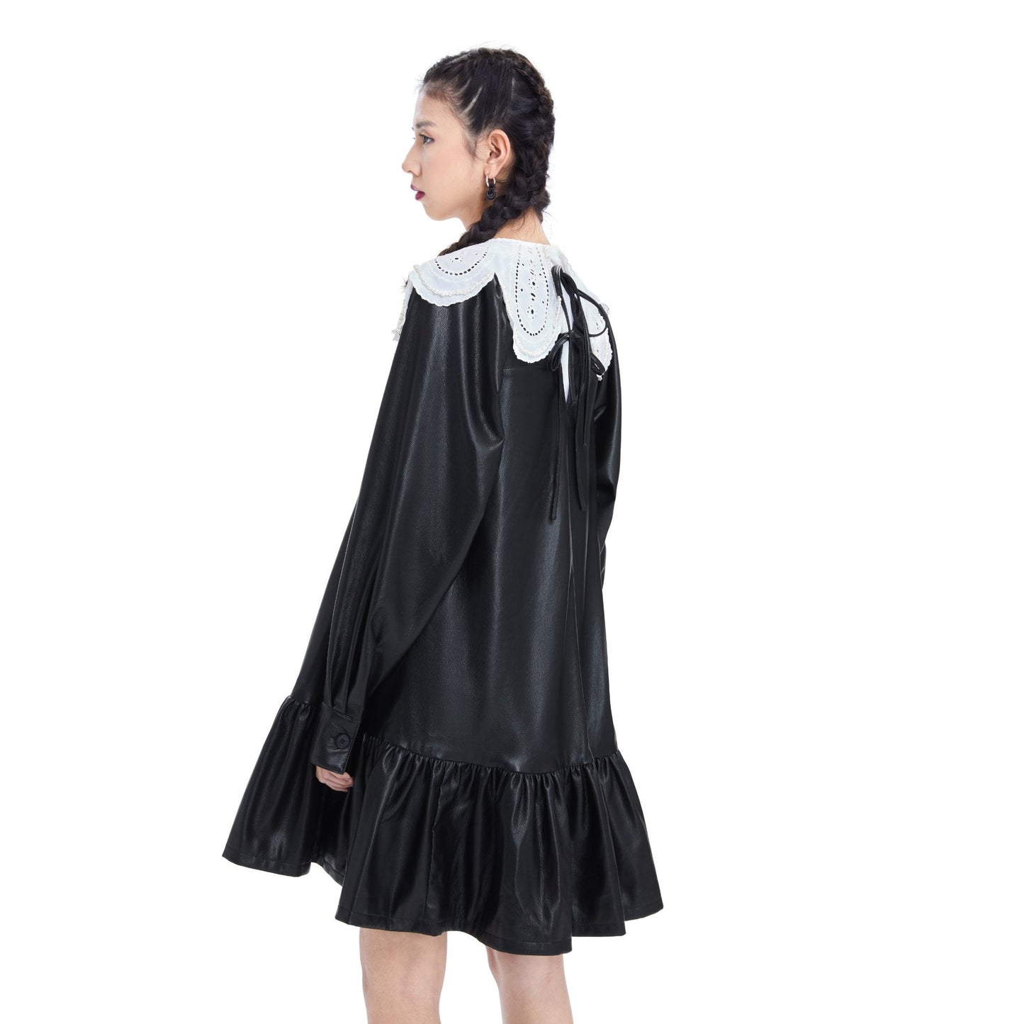 Women Embroidered Collar Faux Leather Dress - Black