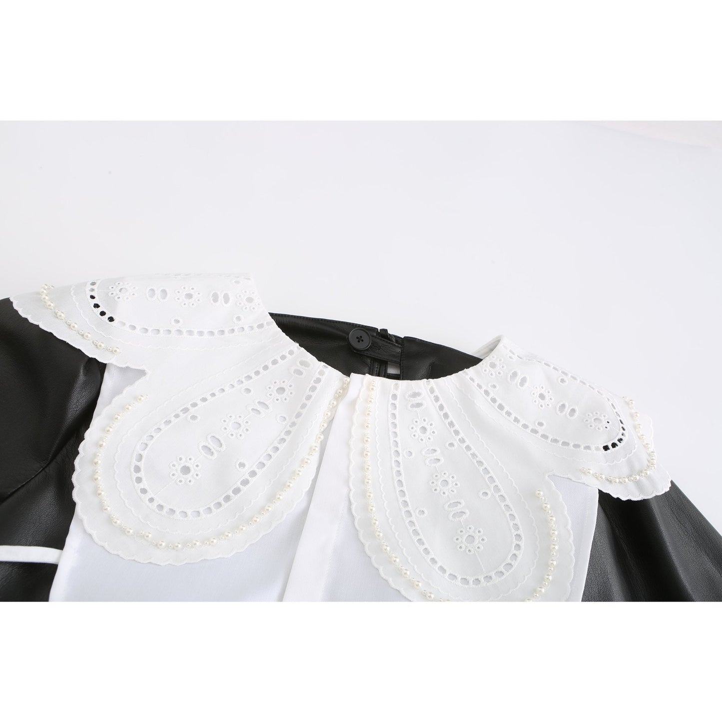 Women Embroidered Collar Faux Leather Dress - Black