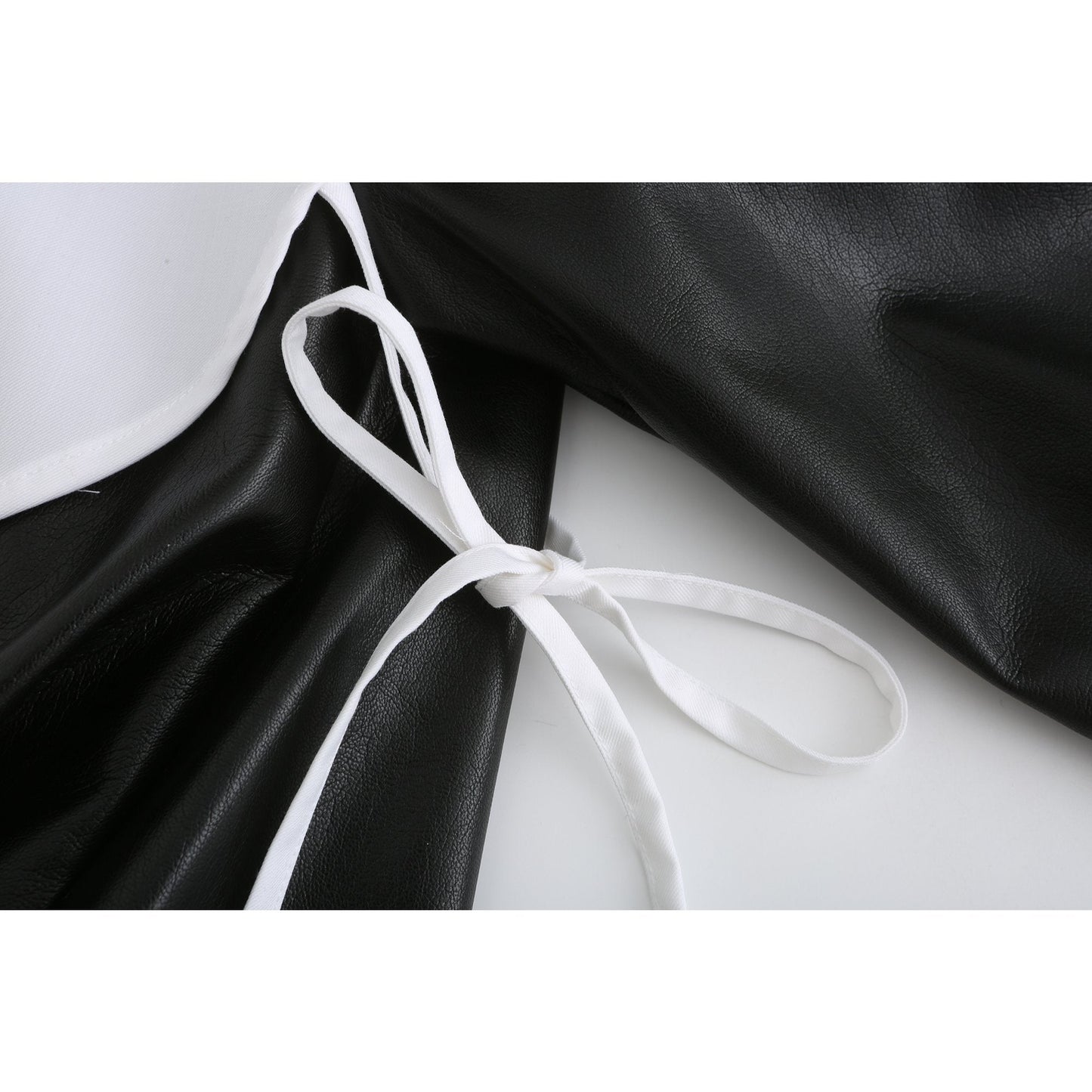 Women Embroidered Collar Faux Leather Dress - Black