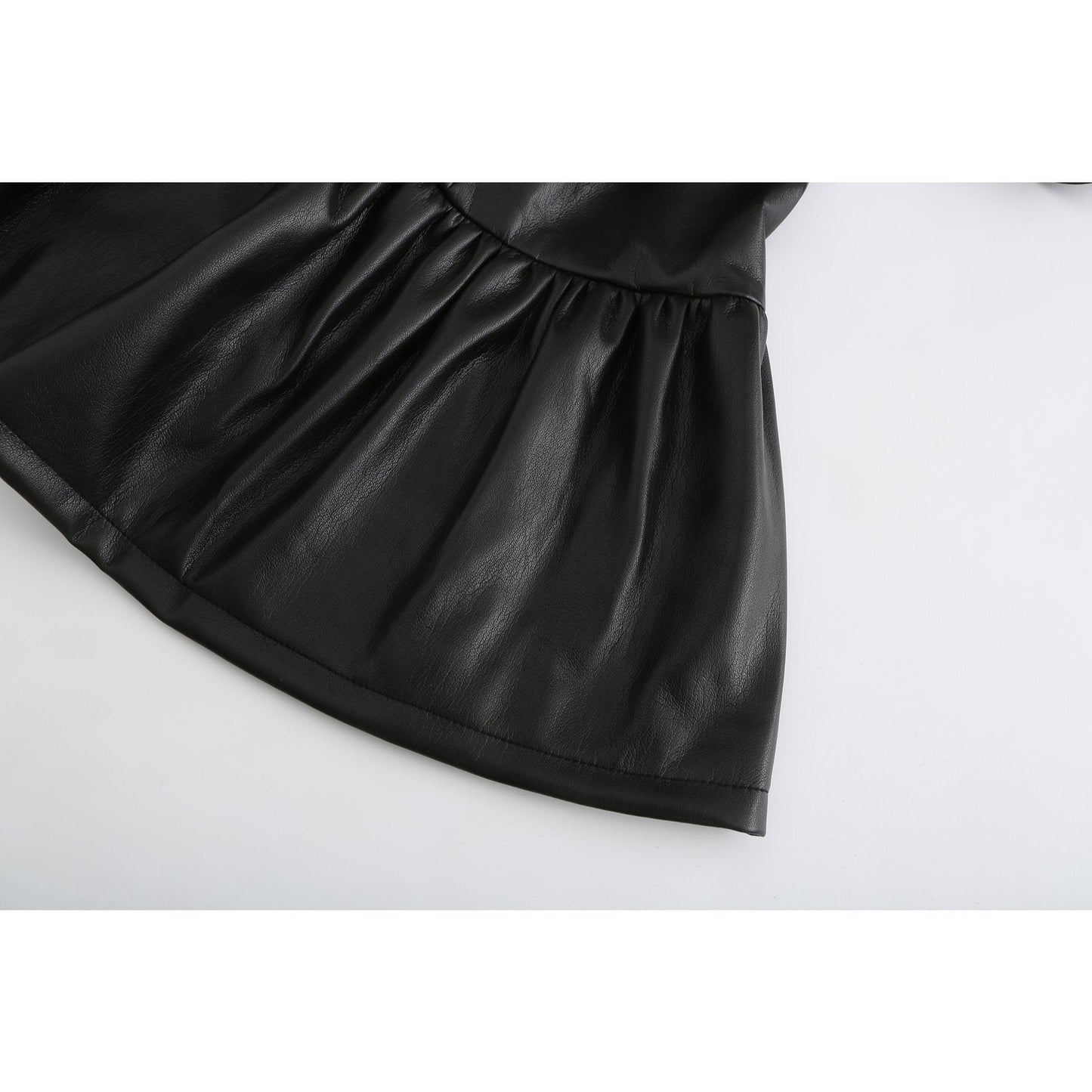 Women Embroidered Collar Faux Leather Dress - Black