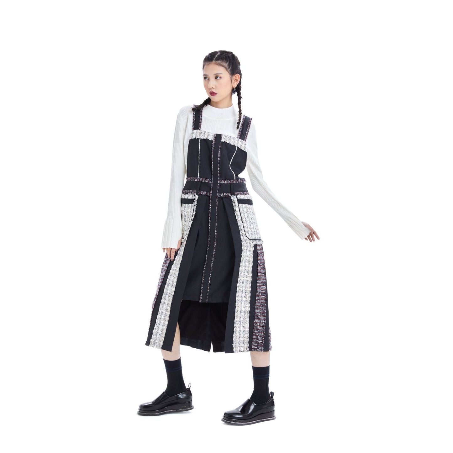Women Tweed Patched Worker Dress - Pattern