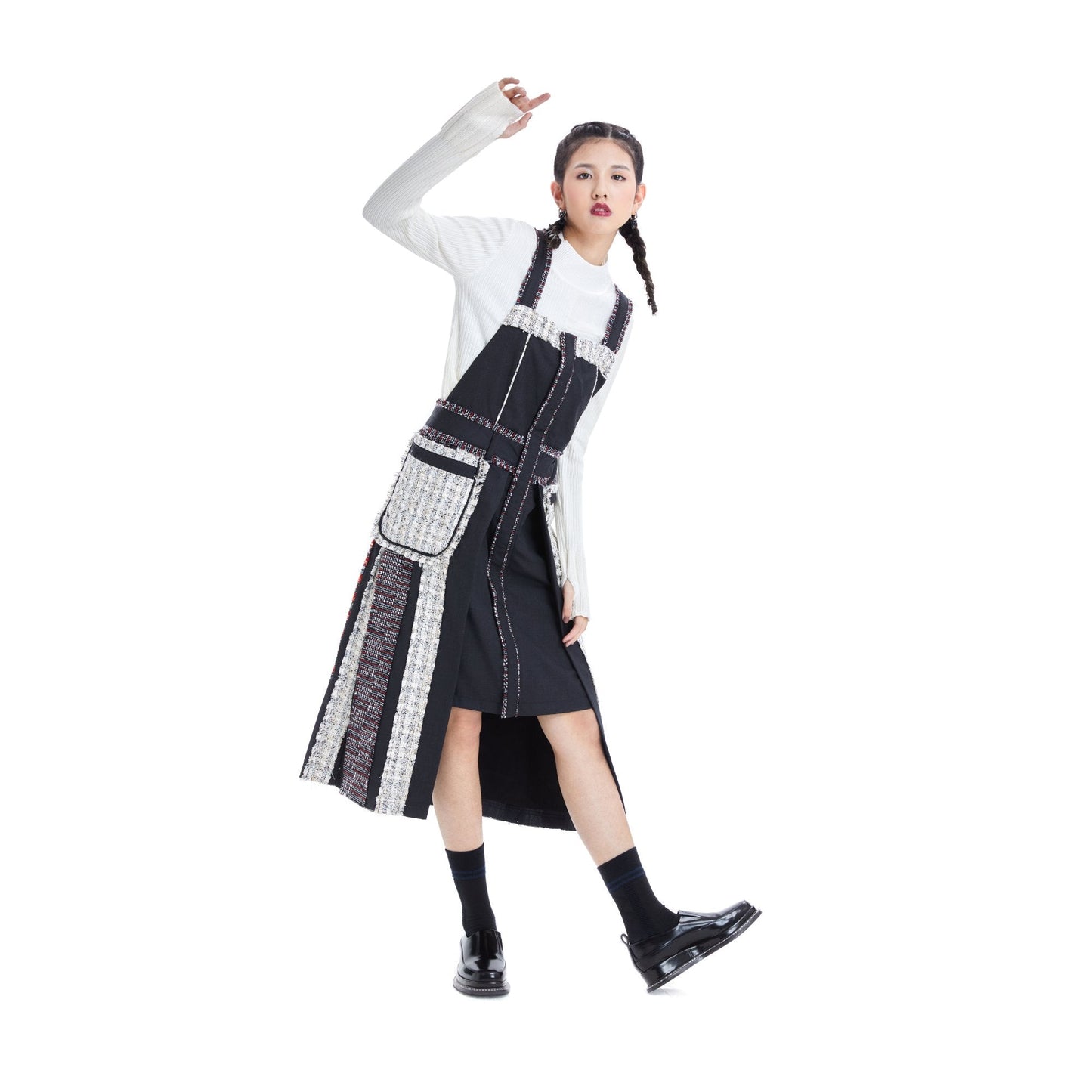 Women Tweed Patched Worker Dress - Pattern