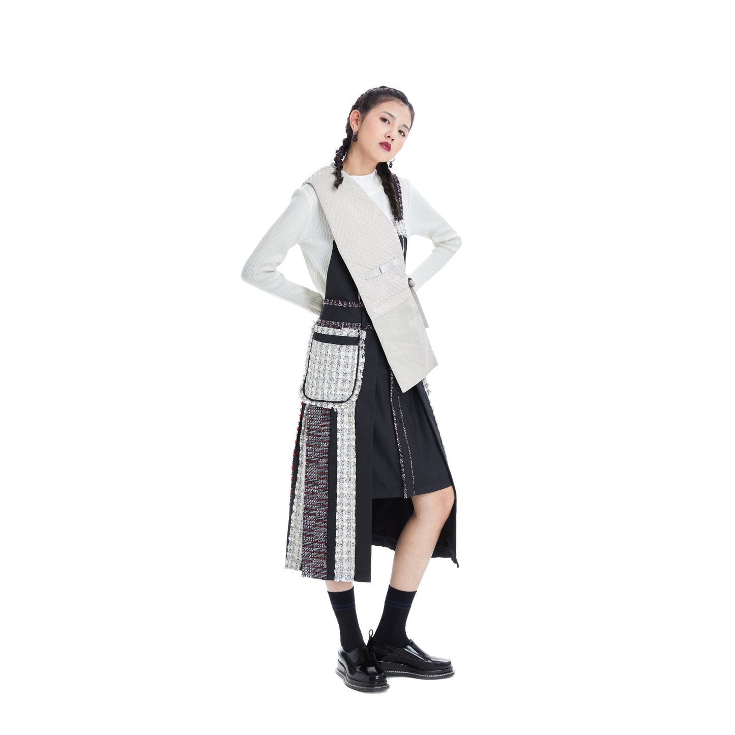 Women Tweed Patched Worker Dress - Pattern