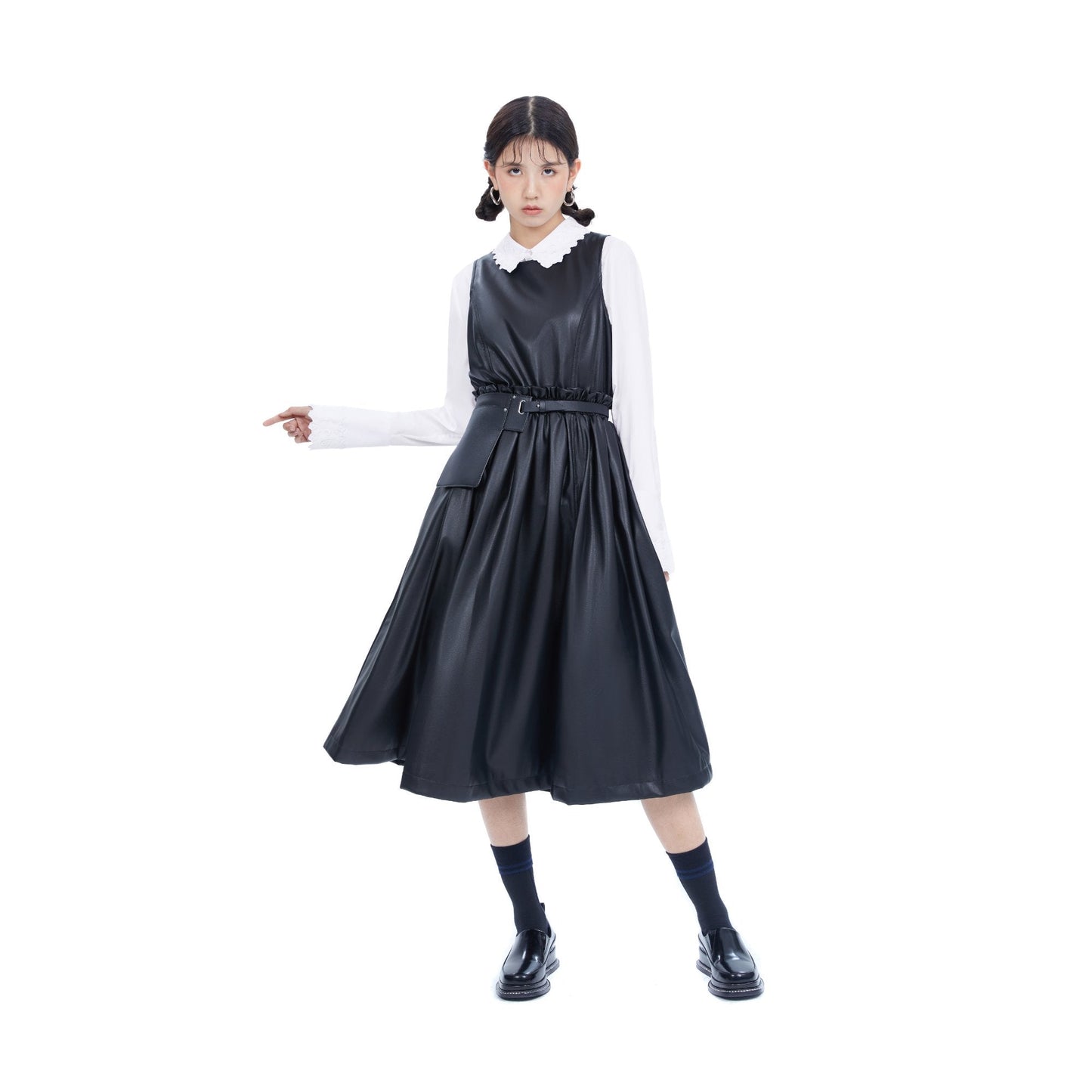 女款黑色分層無袖連身裙 - 黑色