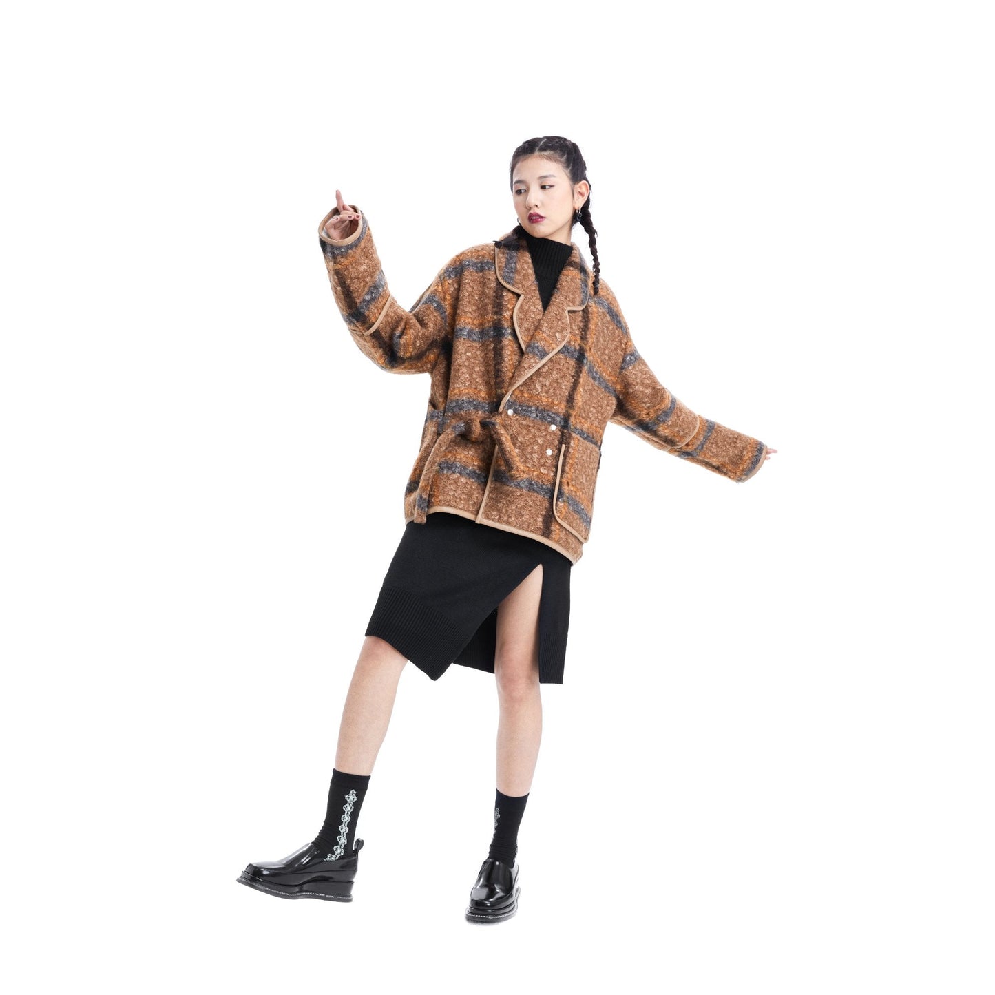 女款二合一毛衣洋裝搭配單背心 - 黑色