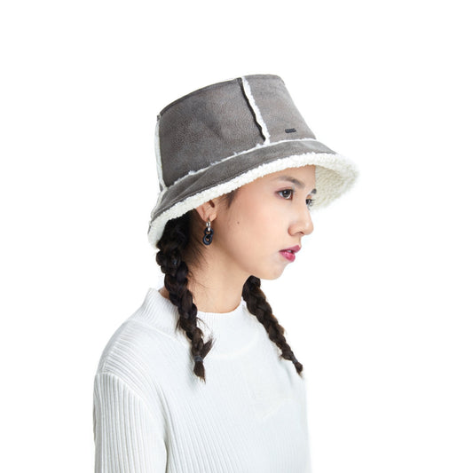 Women Sueded Shearling Bucket Hat - Grey
