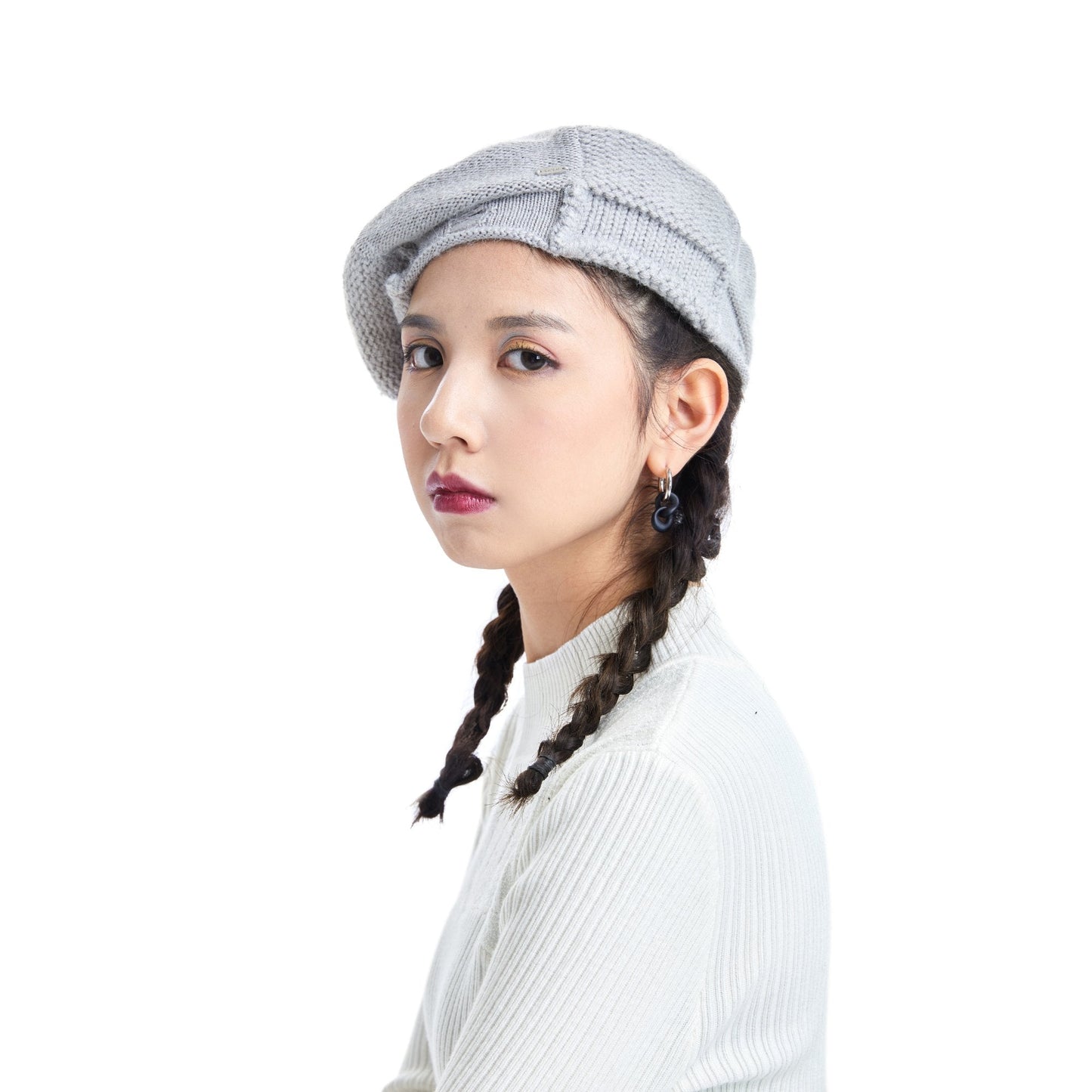 女款混合針織貝雷帽 - 淺灰色