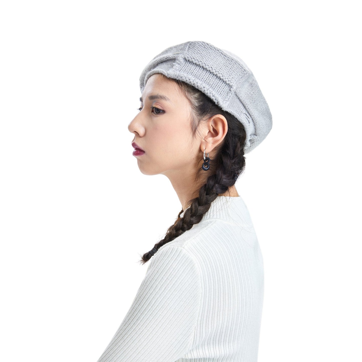 女款混合針織貝雷帽 - 淺灰色