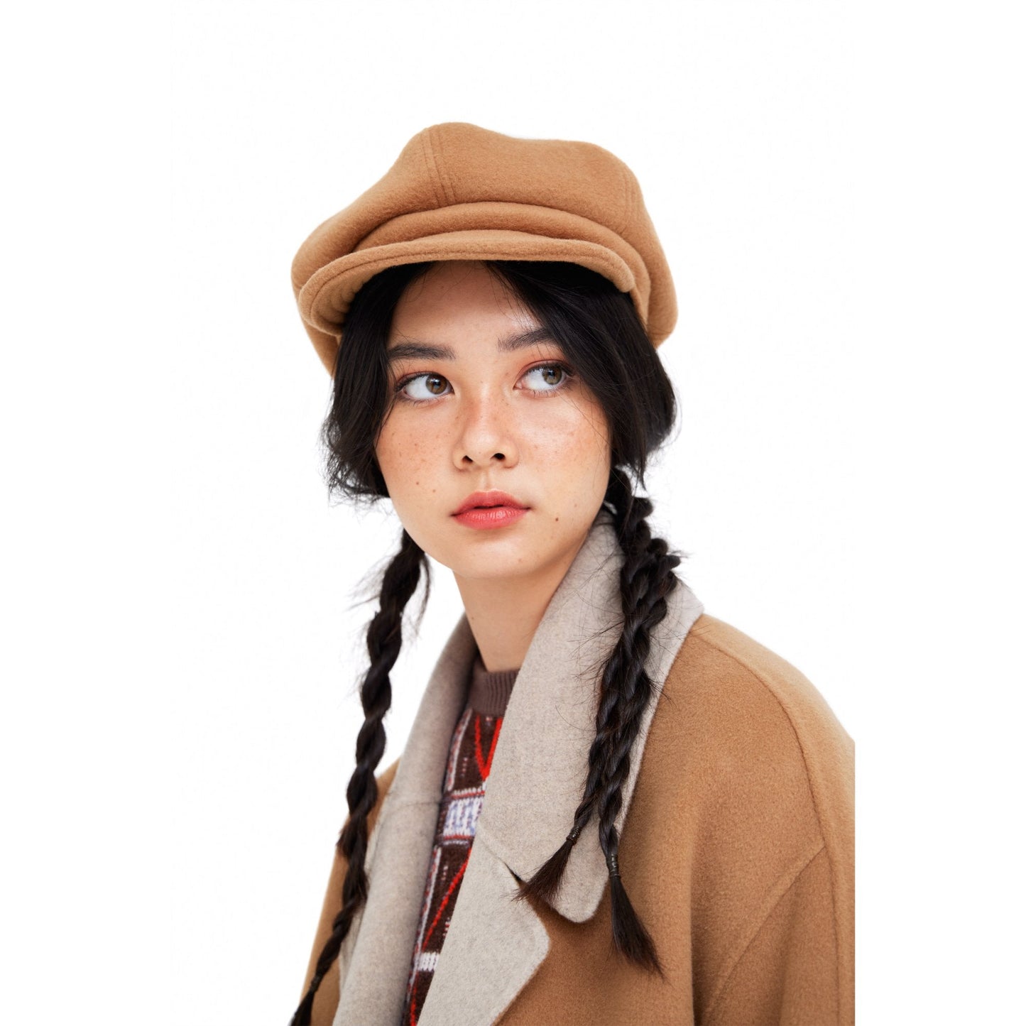 女用羊毛混合報童帽 - 米色