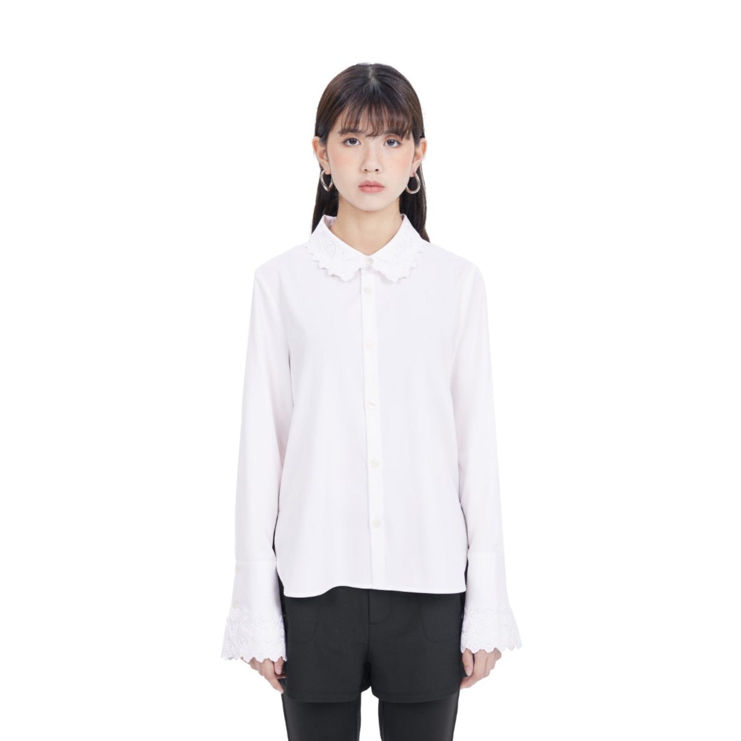 Women Paisley Emborideries Collar Shirt - White