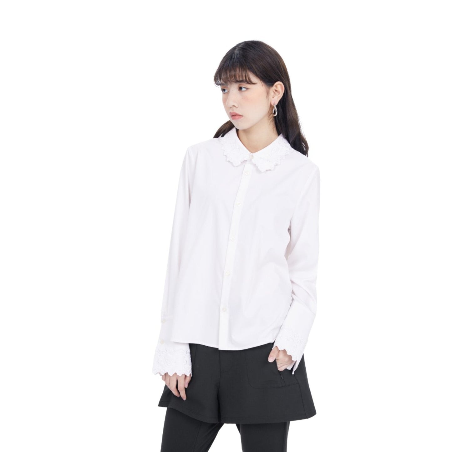Women Paisley Emborideries Collar Shirt - White