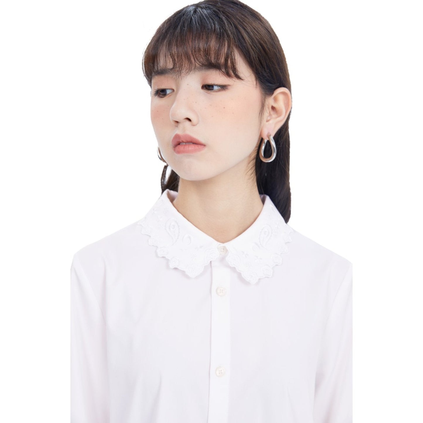 Women Paisley Emborideries Collar Shirt - White