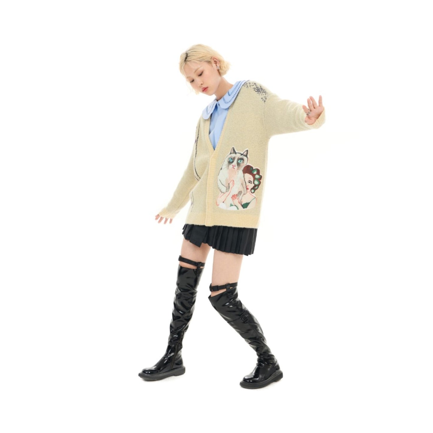 女蕾絲邊彼得潘領襯衫 - 淺藍色