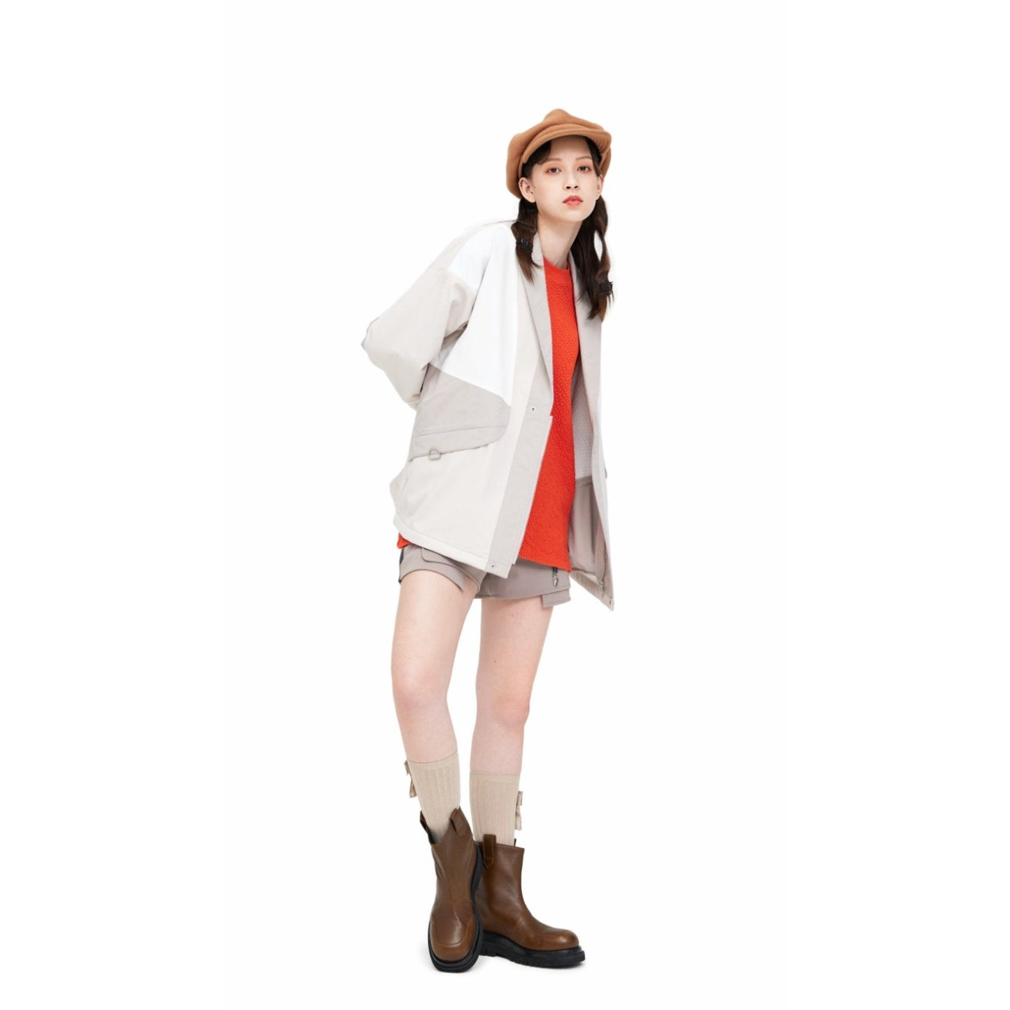 Women Patchwork Sport Tailor Jacket - Beige