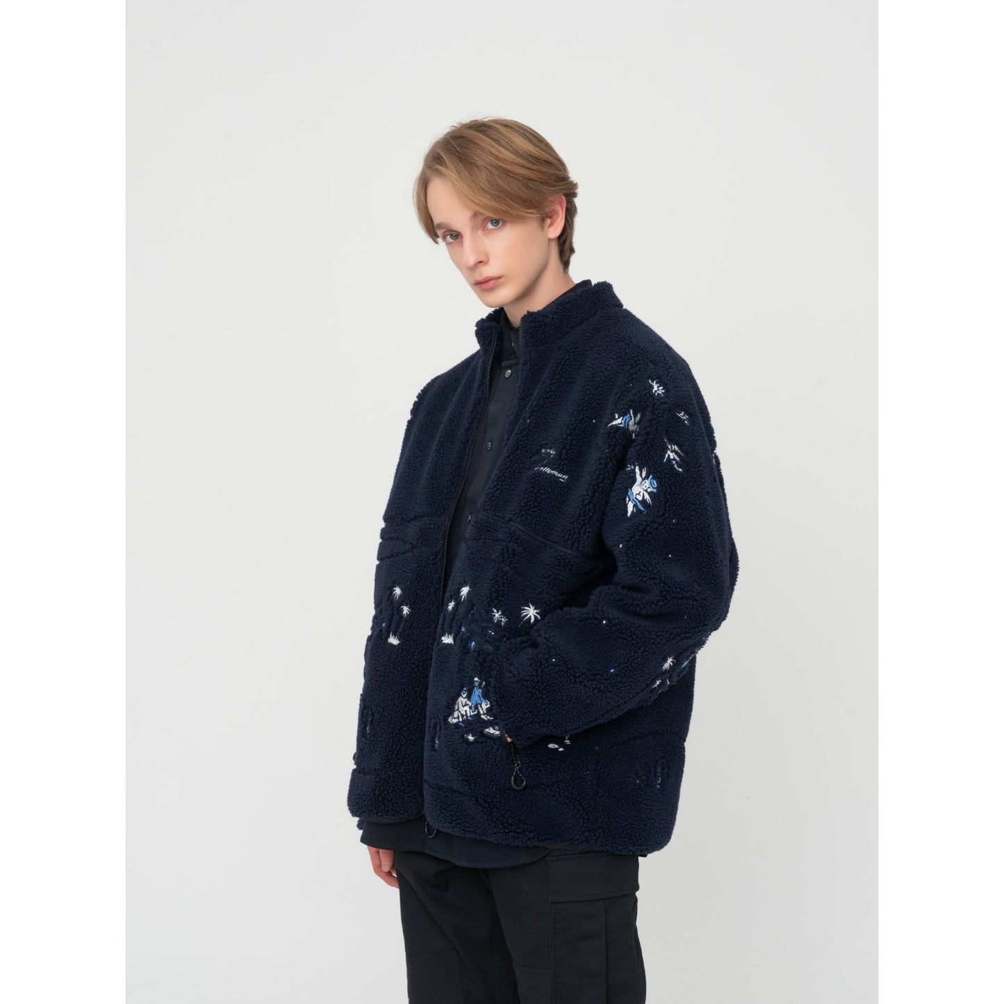 Men [MIMOE x initial gentleman] Fleece Long Sleeve Zip-up Jacket - Blue