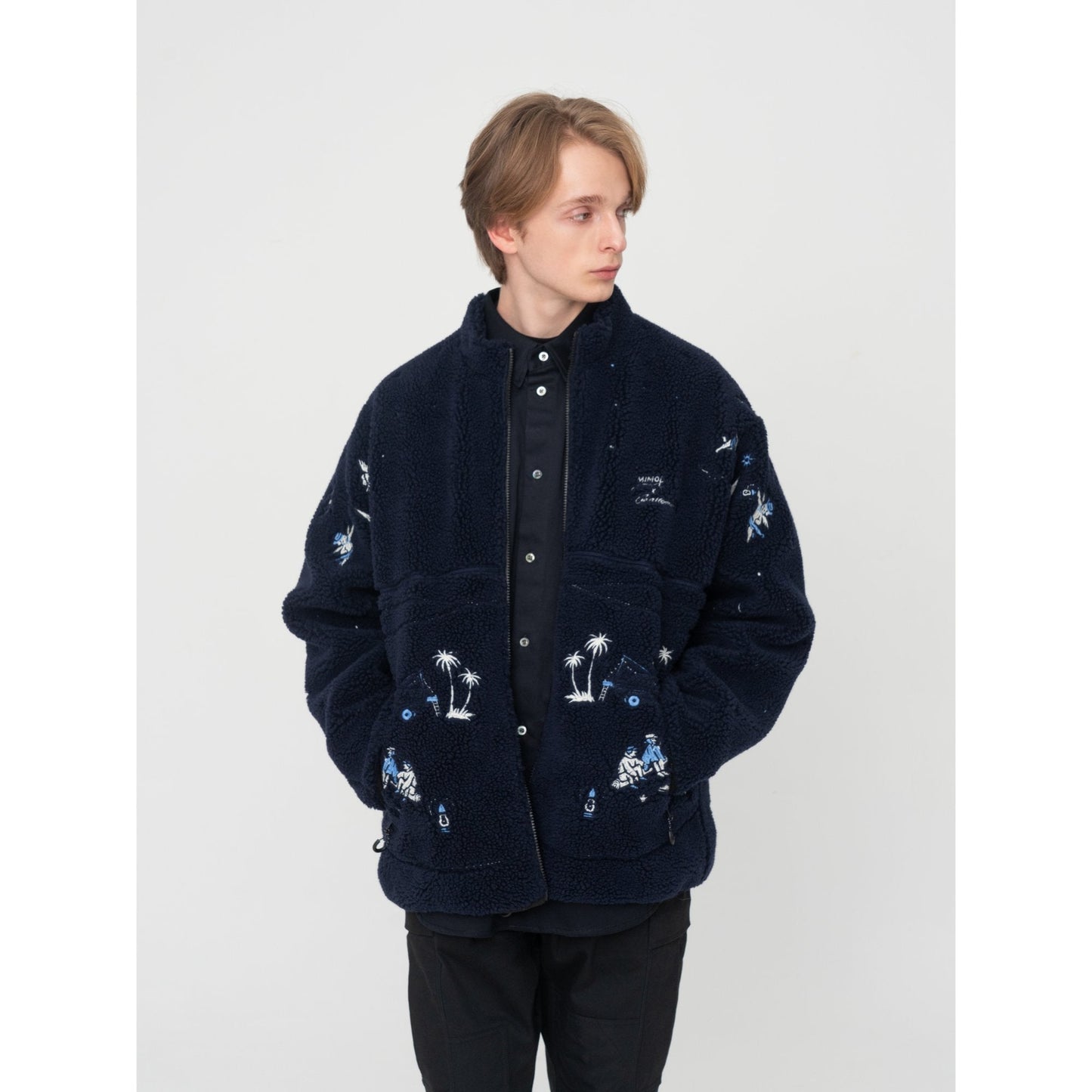 Men [MIMOE x initial gentleman] Fleece Long Sleeve Zip-up Jacket - Blue