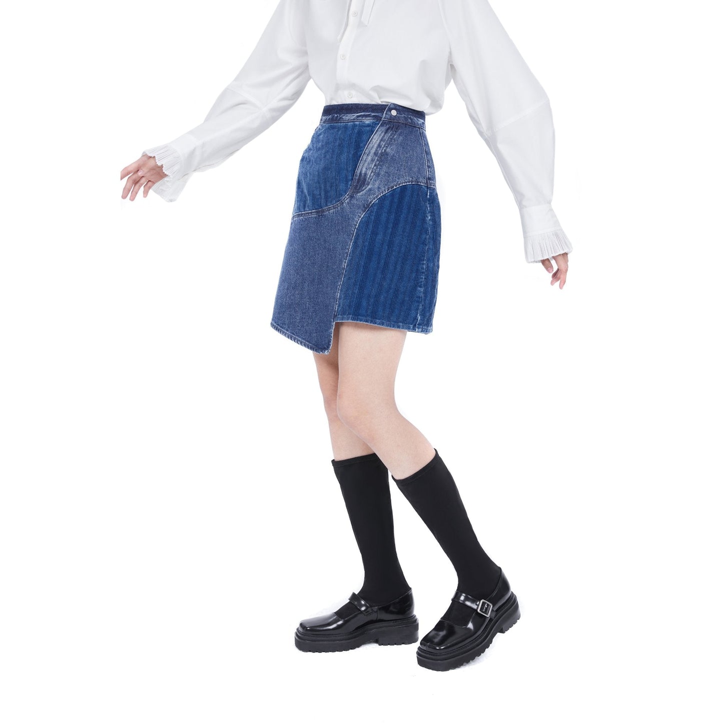 女用貼片牛仔迷你裙 - 靛藍色