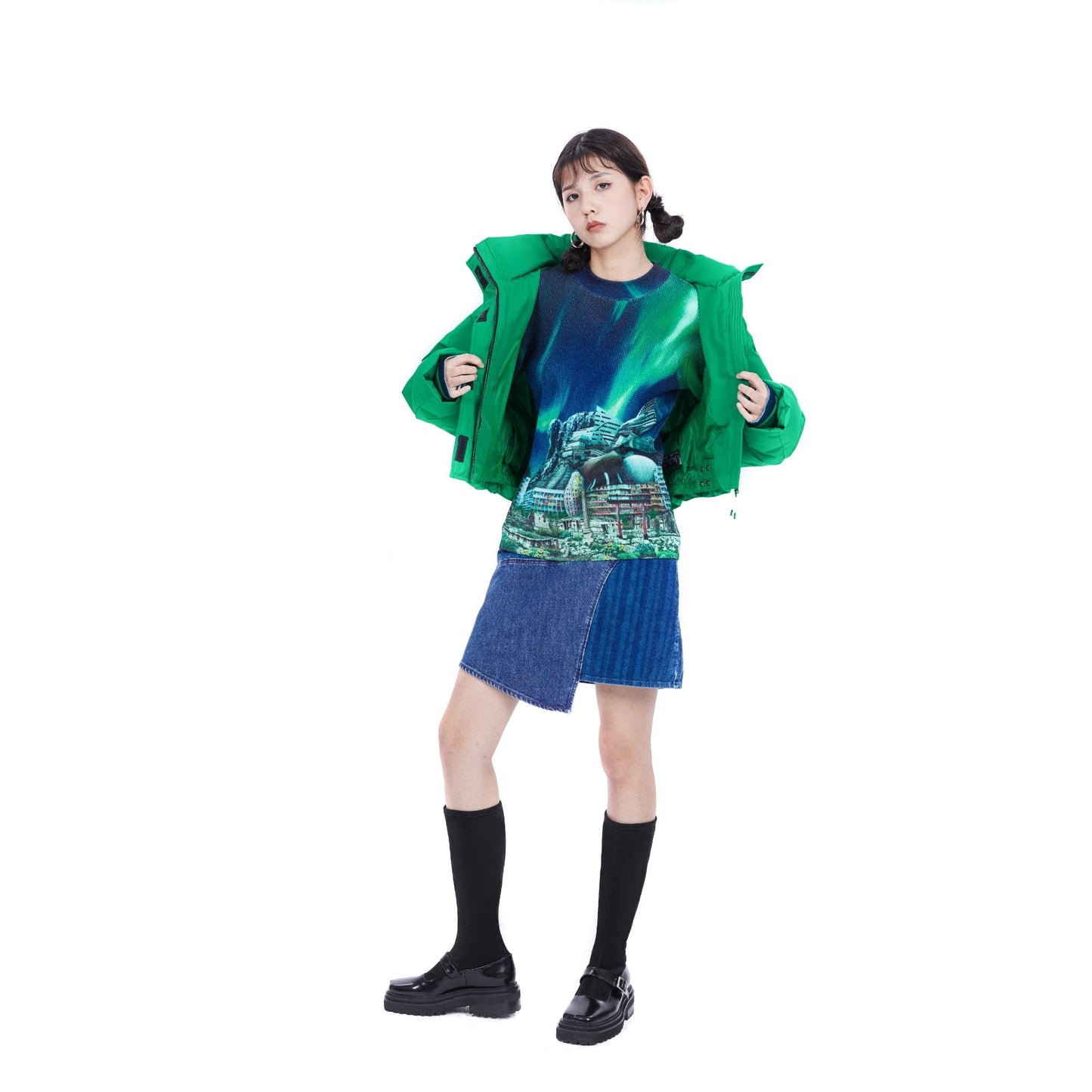 女用貼片牛仔迷你裙 - 靛藍色