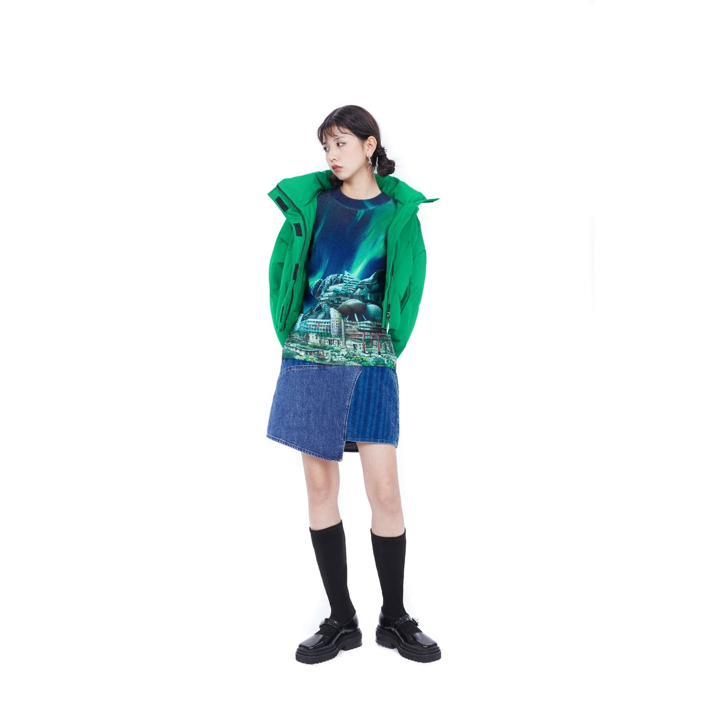 女用貼片牛仔迷你裙 - 靛藍色