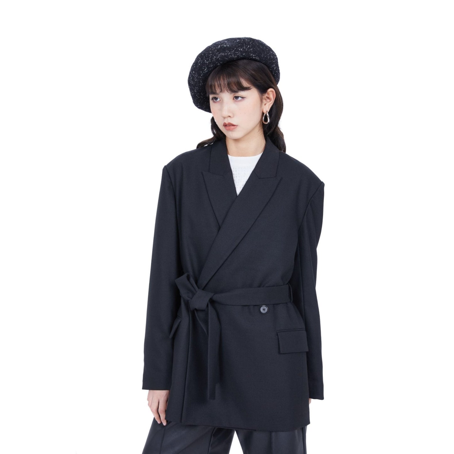 女用羊毛混紡大輪廓西裝外套 - 黑色