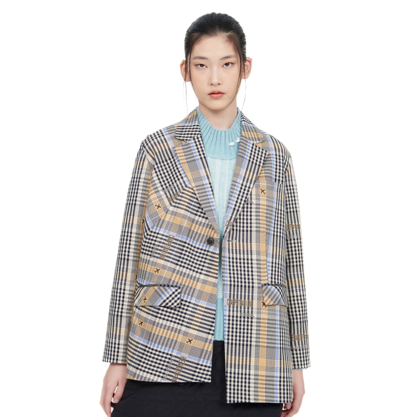 Women Wordings Jacquard Checkers Blazer - Checkered