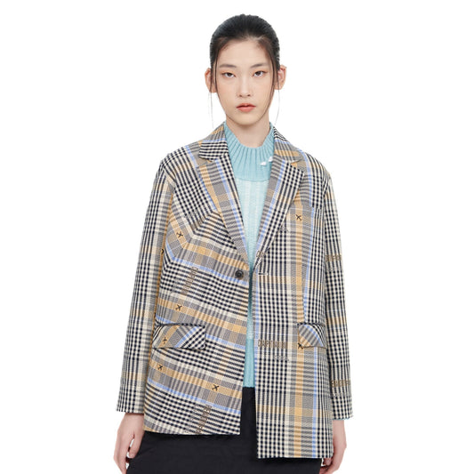 Women Wordings Jacquard Checkers Blazer - Checkered