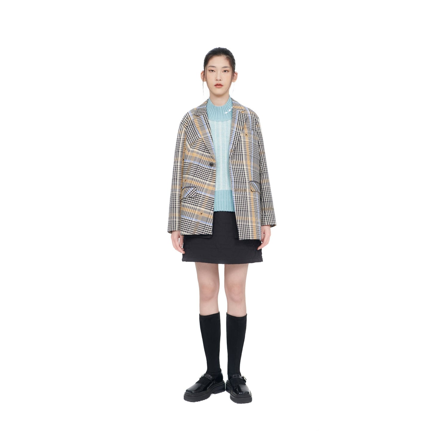 Women Wordings Jacquard Checkers Blazer - Checkered