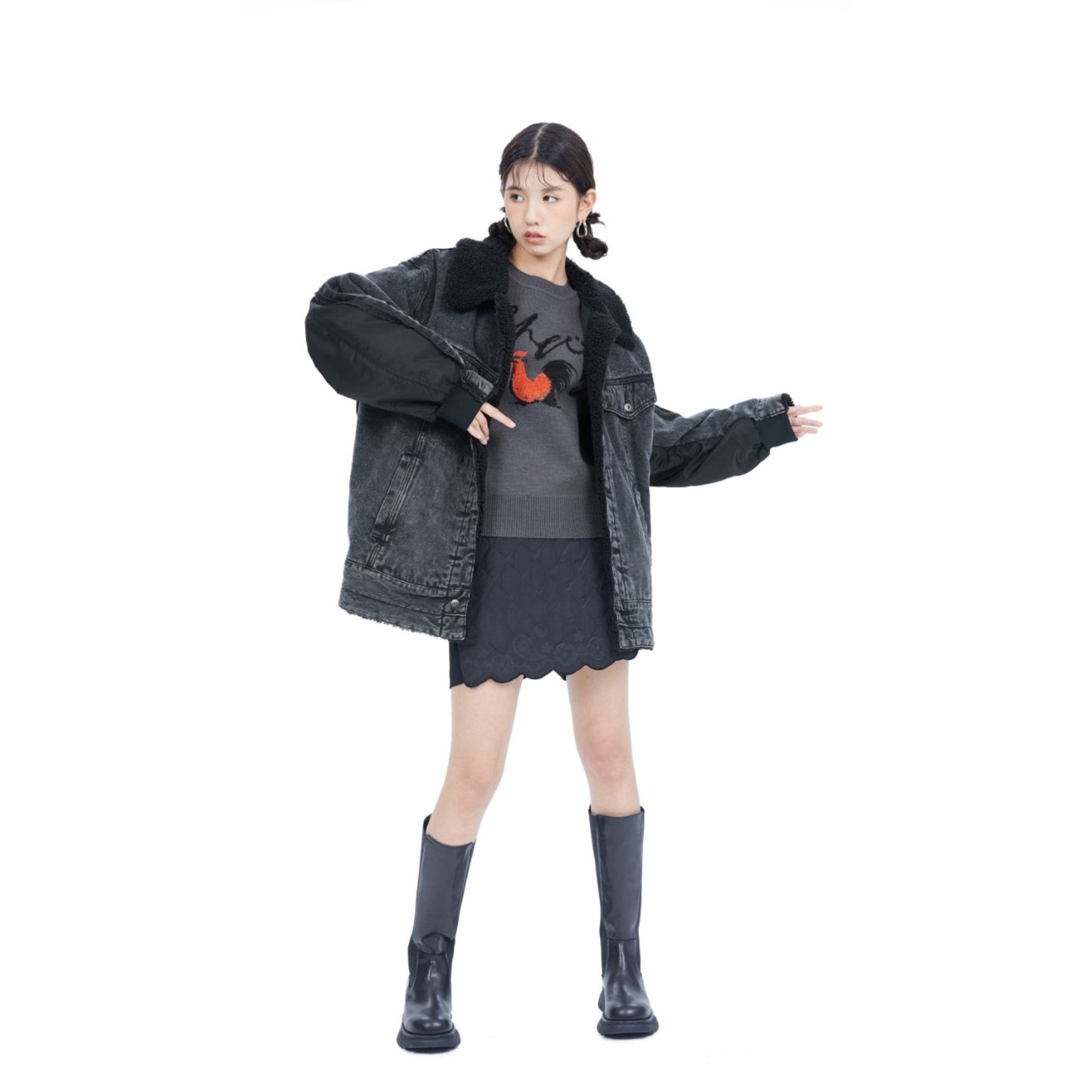 女式提花圖案毛衣 - 炭灰色