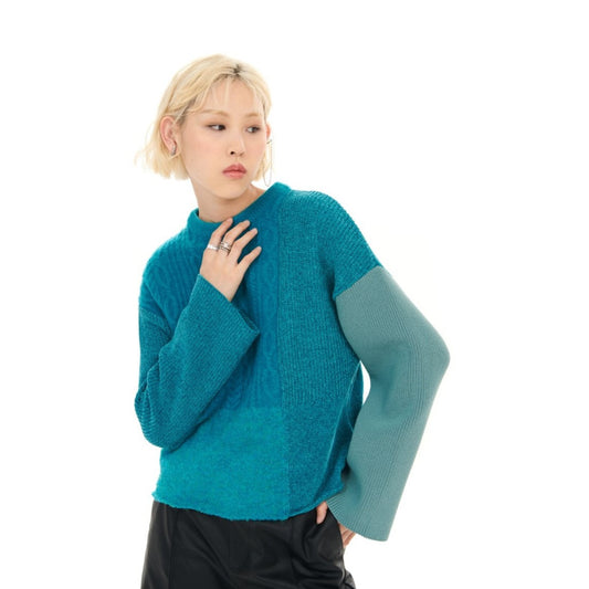 Women Patchwork Sweater - Green