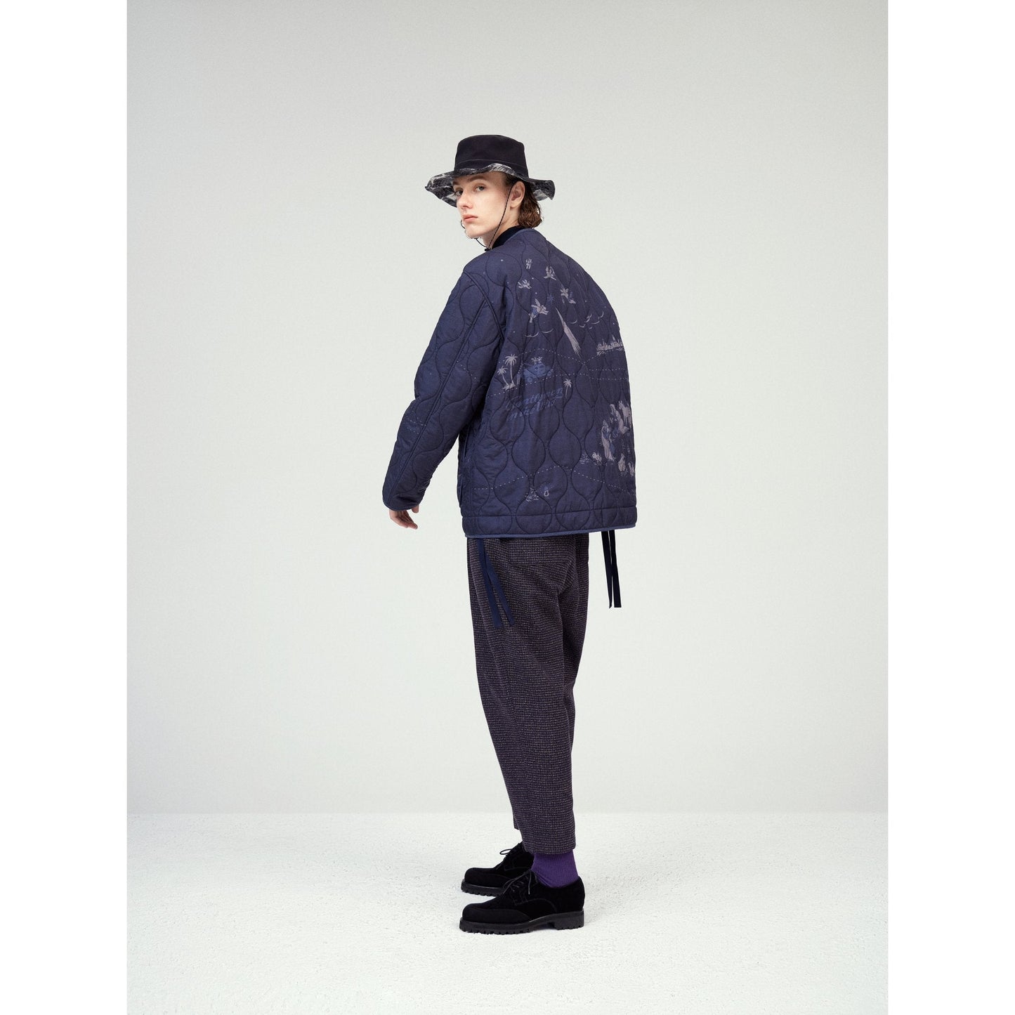 Men Elastic Drawstring Waist Wide Tapered Pants - Navy