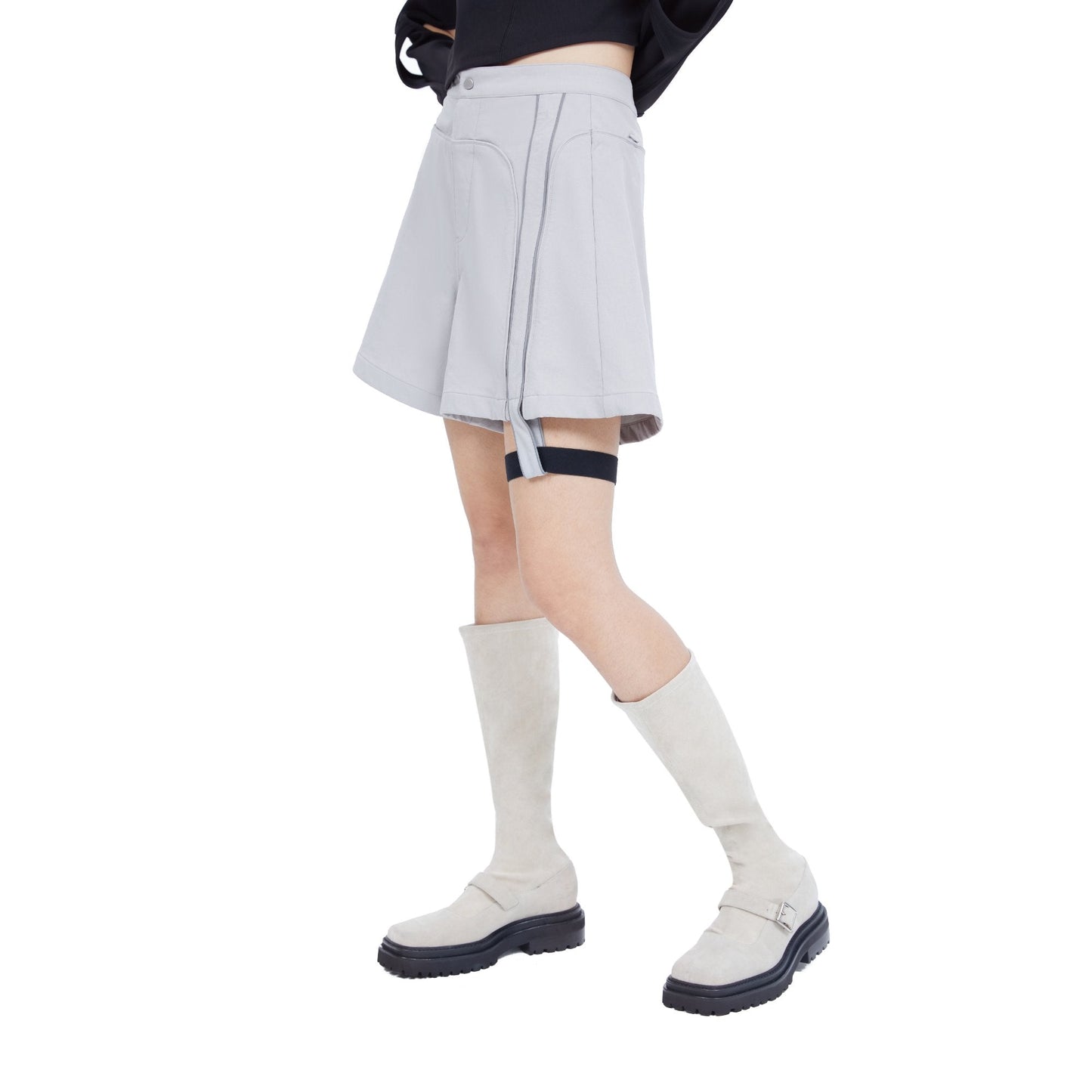Women Shorts With Detachable Garter Belt - Light Grey