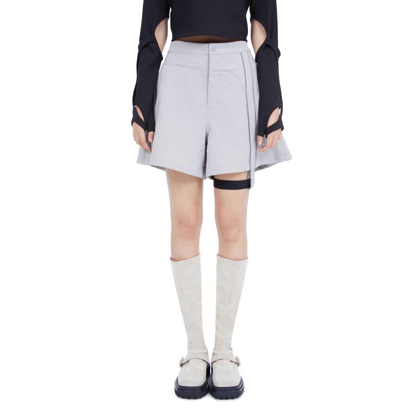 Women Shorts With Detachable Garter Belt - Light Grey