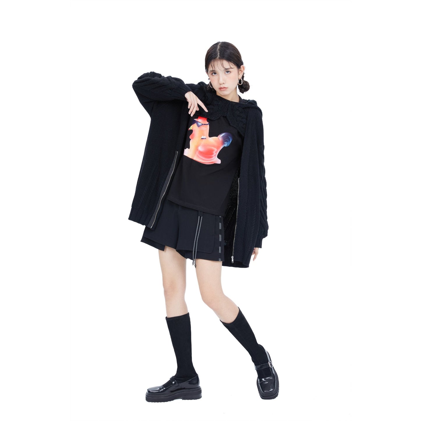 女用方頭及膝瑪莉珍靴 - 黑色