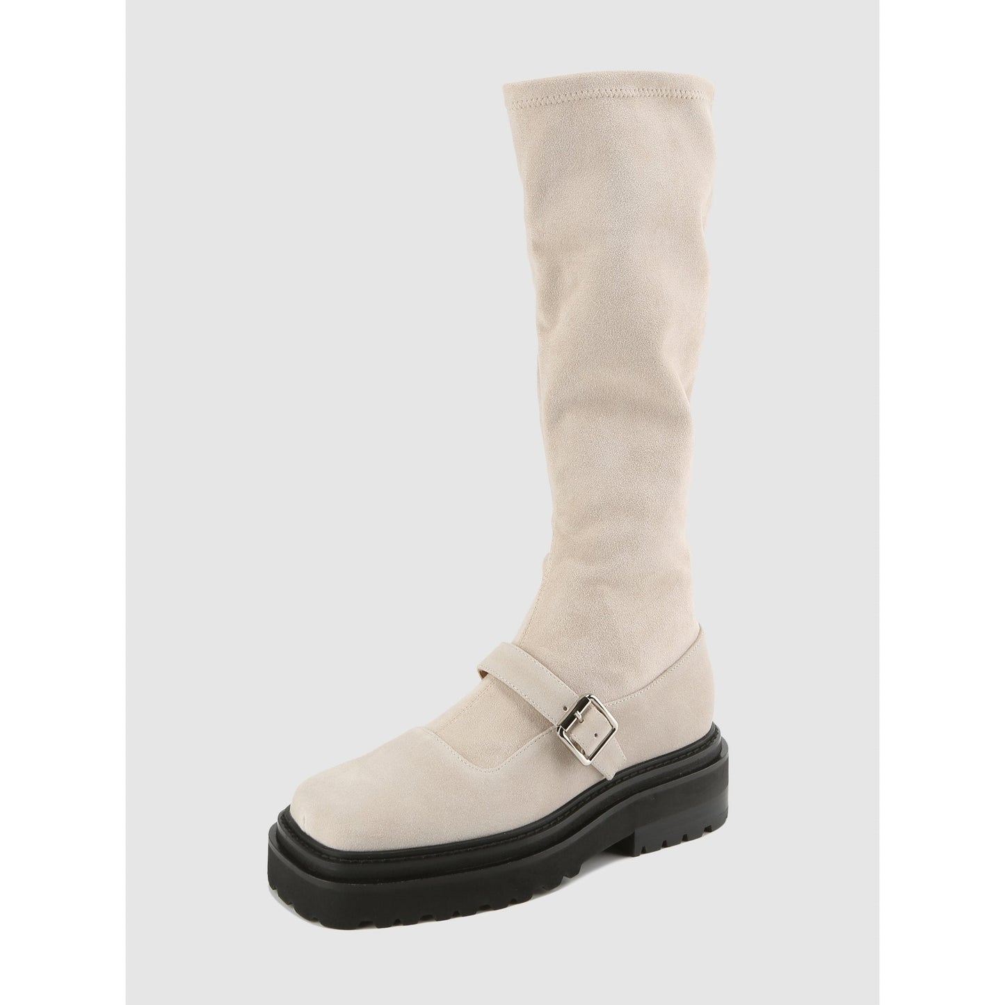 Women Squared-Toe Knee-High Mary-Jane Boots - Ivory
